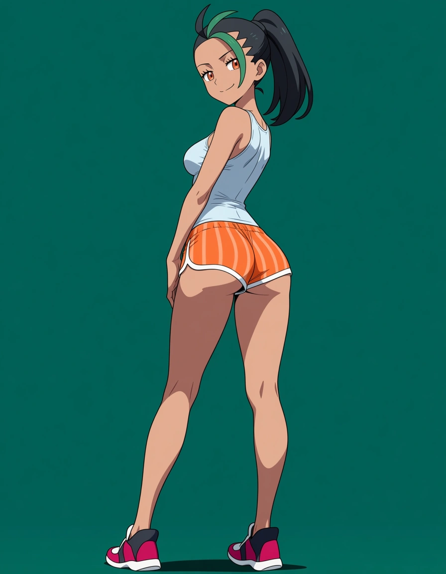 1girl, solo, @nemona_(pokemon), akairiot_artstyle, ass, dolphin_shorts, orange_shorts, naughty_face, full_body, standing, from_behind, (anime style:1.3), 2d, anime screencap, cel shading, flat color, @00osamio00
