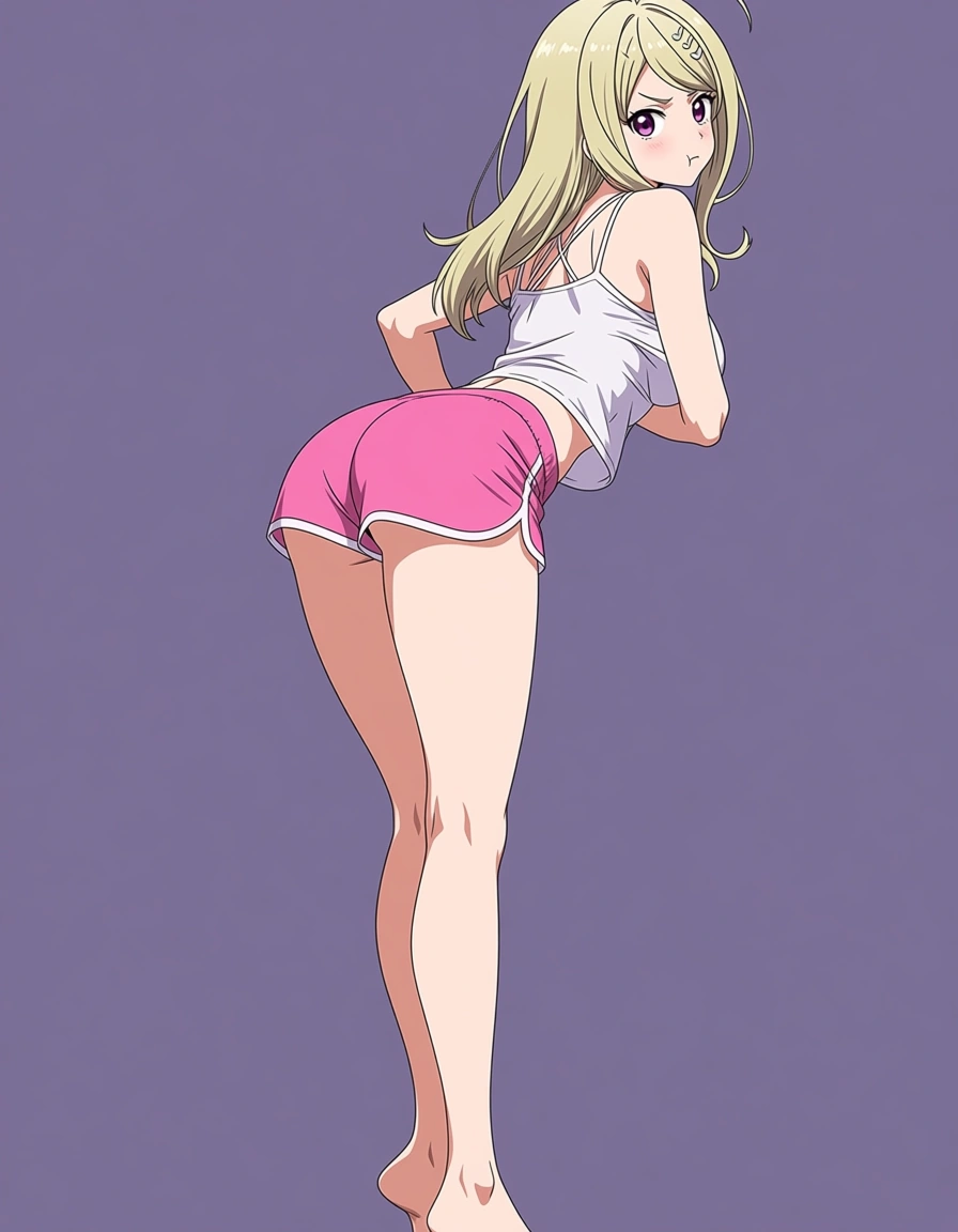 1girl, solo, @akamatsu_kaede, akairiot_artstyle, ass, dolphin_shorts, pink_shorts, pout, full_body, standing, from_behind, (anime style:1.3), 2d, anime screencap, cel shading, flat color, @00osamio00