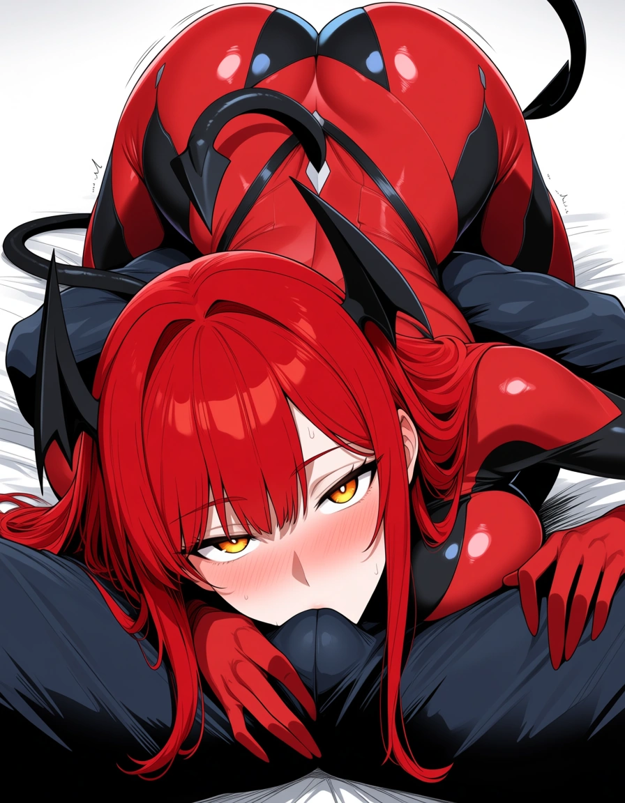 ultra detailed, redhead woman, tail, 69 position, submissive blush, manga panel look, hentai_studio_quality