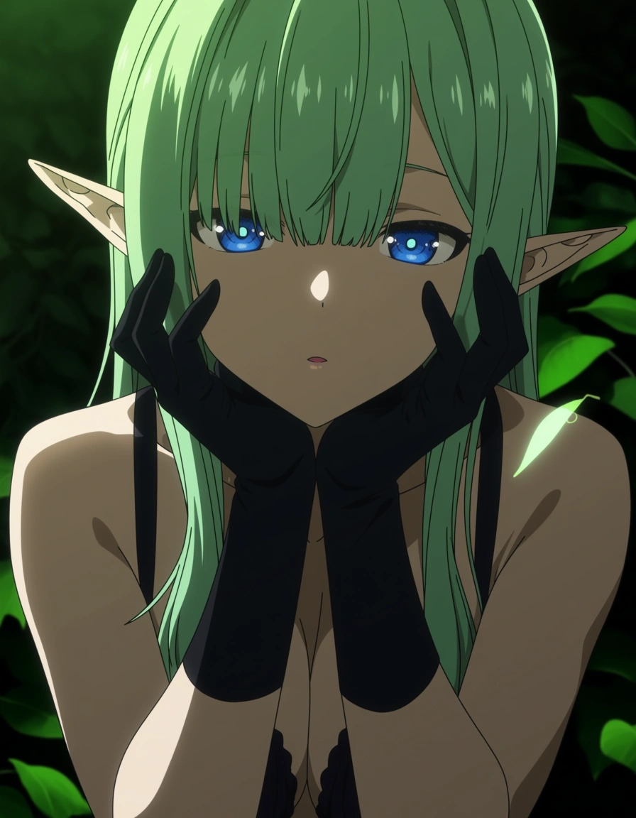 highly detailed, sharp, elf girl, petite adult woman, black gloves, facesitting, leaf, eroge aesthetic, (anime style:1.3), 2d, anime screencap, cel shading, flat color, @00osamio00