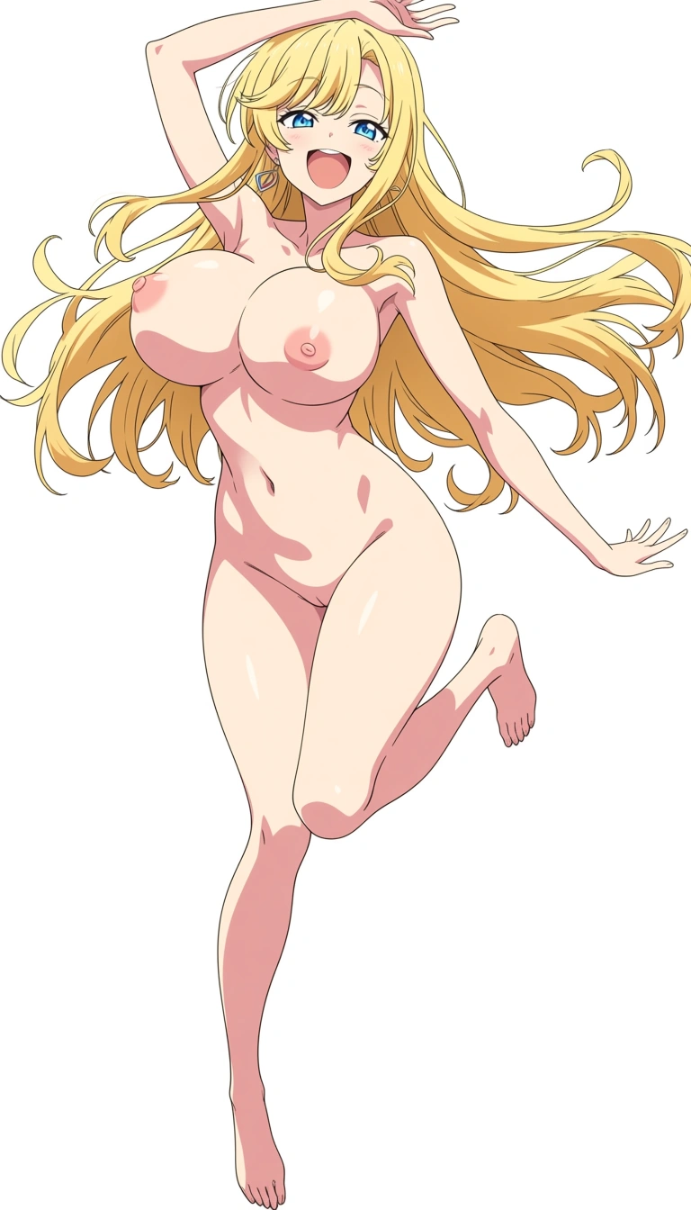 nude dancing bouncing_breasts huge_breasts huge_breasts smile happy curvy music blonde_hair blue_eyes long_hair swept_bangs, jumping