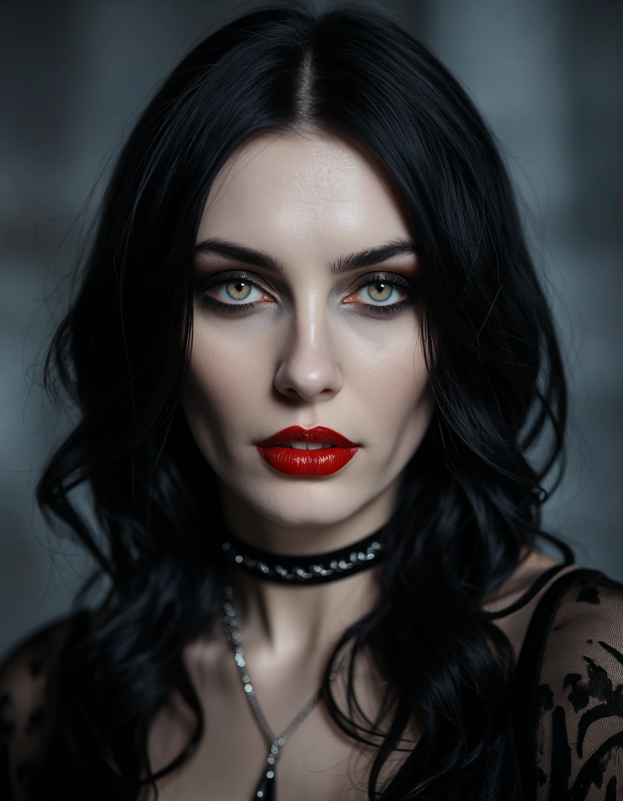 goth shemale, score_9, score_8, candid photo, realistic skin texture, visible skin pores, film grain, depth of field