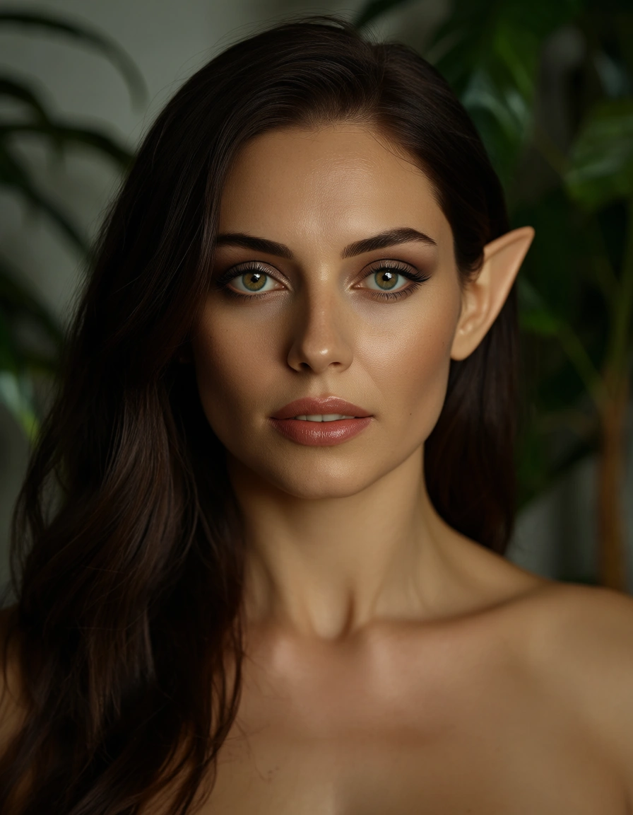 ultra HD, lifelike, 1girl, facesitting, pointy ears, plant, photorealistic, score_9, score_8, candid photo, realistic skin texture, visible skin pores, film grain, depth of field