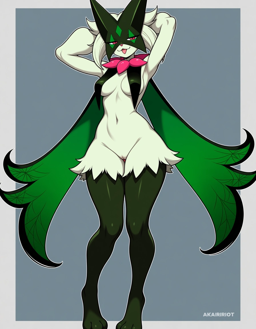 detailed, akairiot_artstyle, @meowscarada, 1girl, solo, naughty_face, nude, full_body, standing, arms_behind_head, looking_at_viewer, eye_contact, facing_viewer, hentai_studio_quality