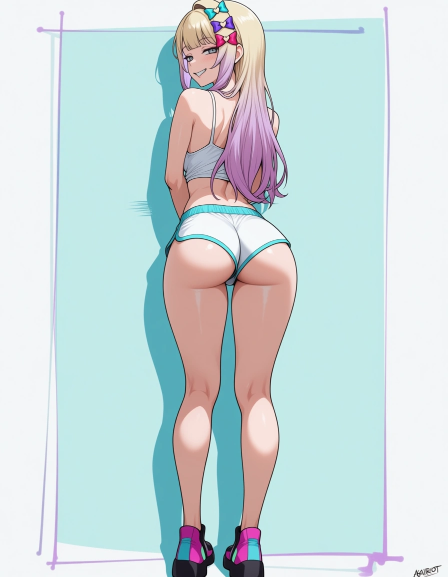 akairiot_artstyle, @chouzetsusaikawa_tenshi-chan, 1girl, solo, hair_down, ass, naughty_face, dolphin_shorts, white_shorts, full_body, standing, looking_back, looking_at_viewer, eye_contact, from_behind, hentai_studio_quality