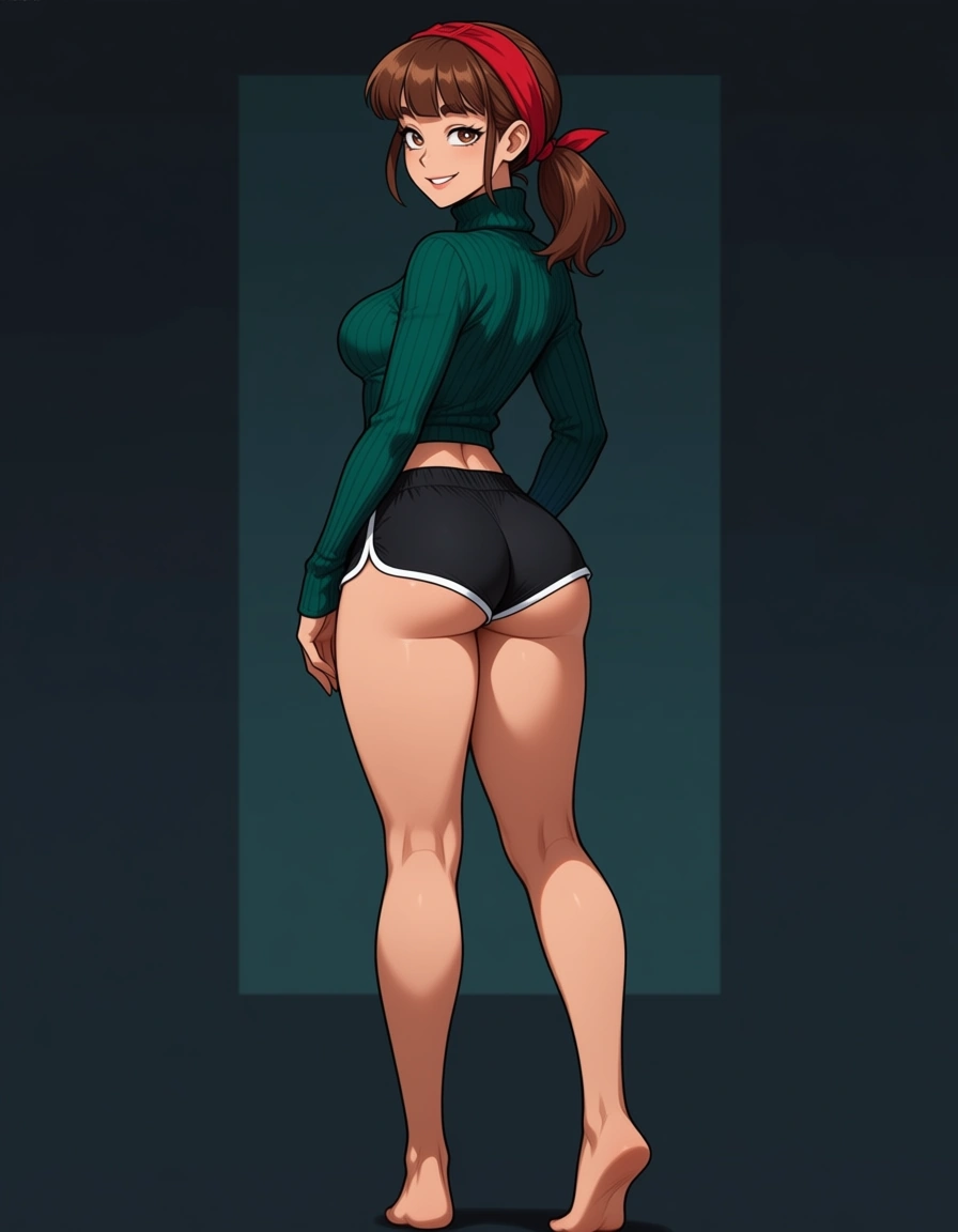 akairiot_artstyle, @lofi_girl_(youtube), 1girl, solo, aged_up, brown_hair, blunt_bangs, ponytail, red_scarf, turtleneck_sweater, dark_green_sweater, dolphin_shorts, black_shorts, medium_breasts, ass, smile, full_body, standing, looking_back, from_behind, hentai_studio_quality