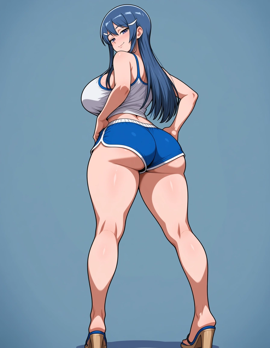 tarakanovich_artstyle, @maizono_sayaka, 1girl, solo, blue_hair, dolphin_shorts, blue_shorts, large_breasts, ass, naughty_face, full_body, standing, looking_back, looking_at_viewer, from_behind, hentai_studio_quality