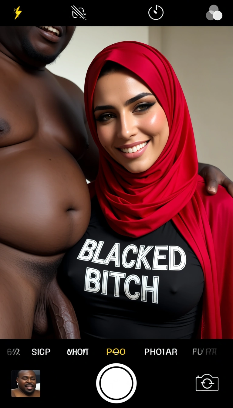 sexy indian woman. she is getting fucked real hard by a chubby black man. she is wearing a red hijab. she is wearing a tight blac shirt. the shirt has "BLACKED BITCH" written on it. she is smiling., score_9, score_8, amateur photo, phone snapshot, realistic skin texture, skin blemishes, soft indoor lighting