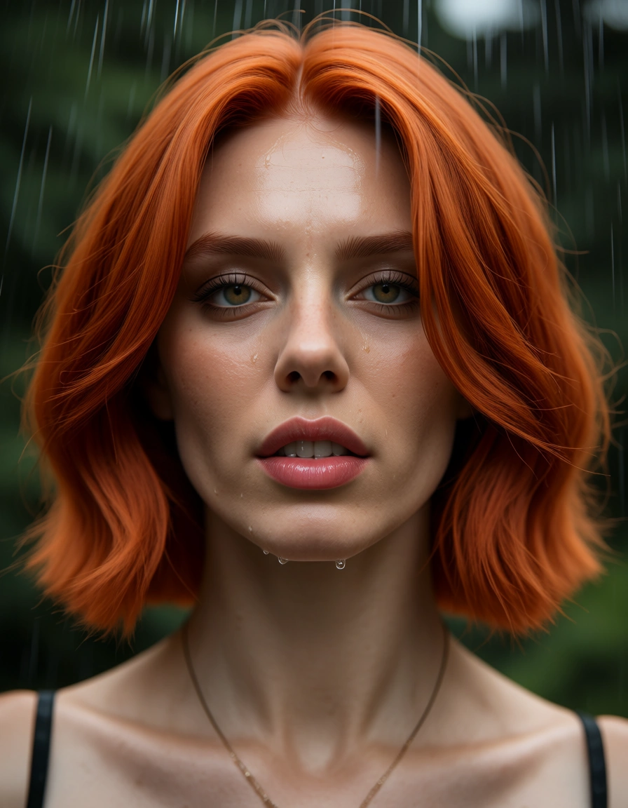 realistic red_hair rain anal outdoors skirt secretary, score_9, score_8, candid photo, realistic skin texture, visible skin pores, film grain, depth of field
