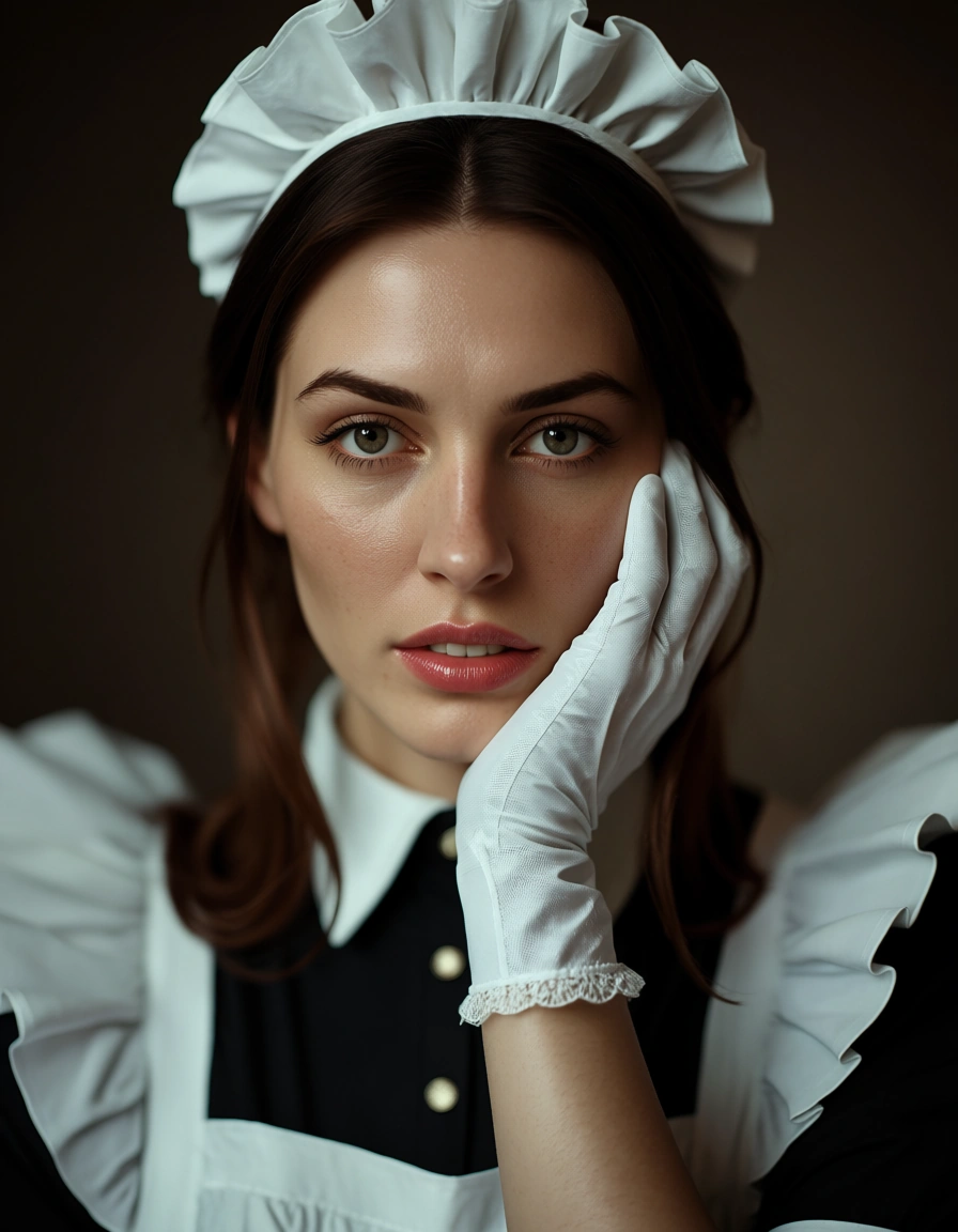 dslr, film grain, photorealistic, maid, gloves, presenting, cinematic realism, score_9, score_8, candid photo, realistic skin texture, visible skin pores, film grain, depth of field