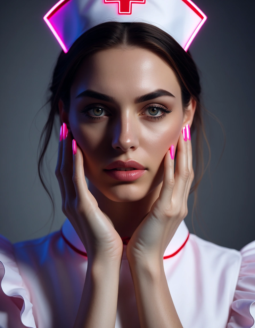 professional photo, high detail, nurse, nail polish, frills, presenting, grey background, neon glow, cinematic realism, score_9, score_8, candid photo, realistic skin texture, visible skin pores, film grain, depth of field
