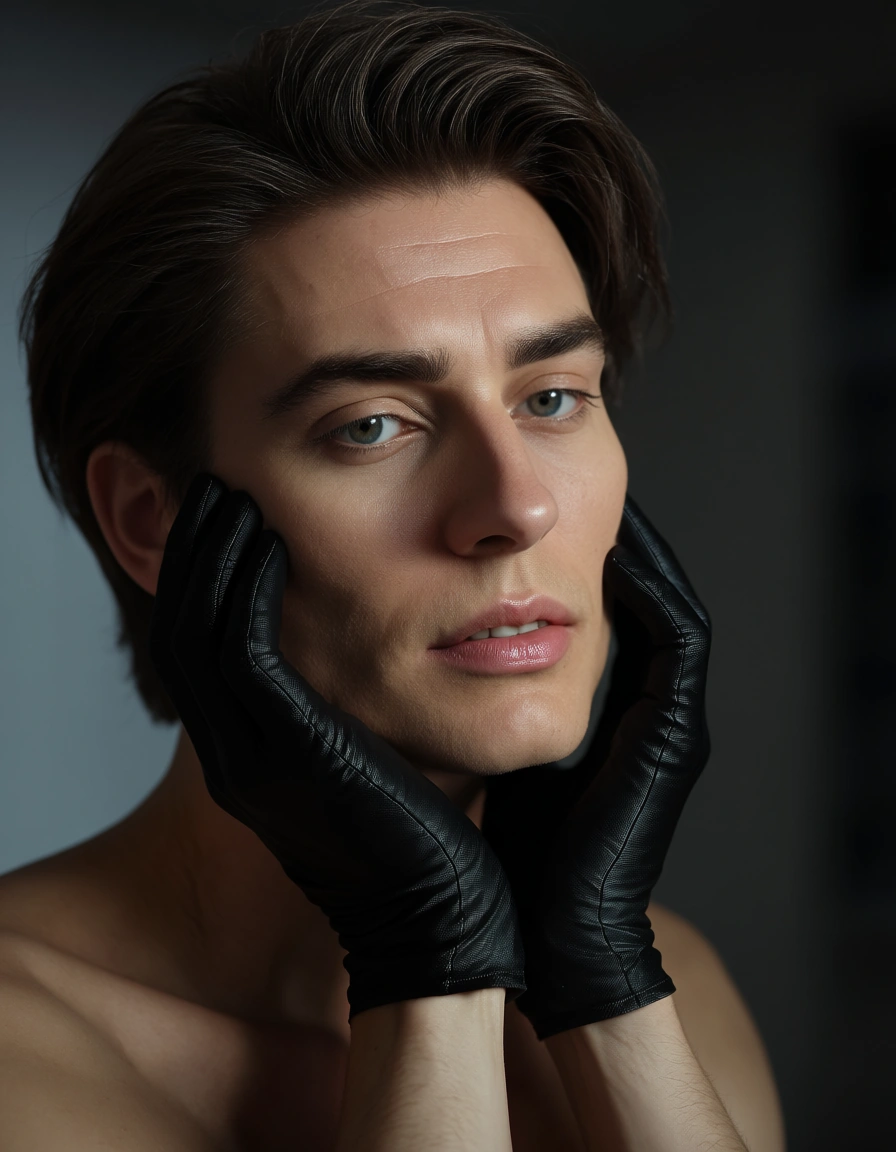 ultra HD, lifelike, male focus, black gloves, futanari, soft lighting, 8k uhd photo, score_9, score_8, candid photo, realistic skin texture, visible skin pores, film grain, depth of field