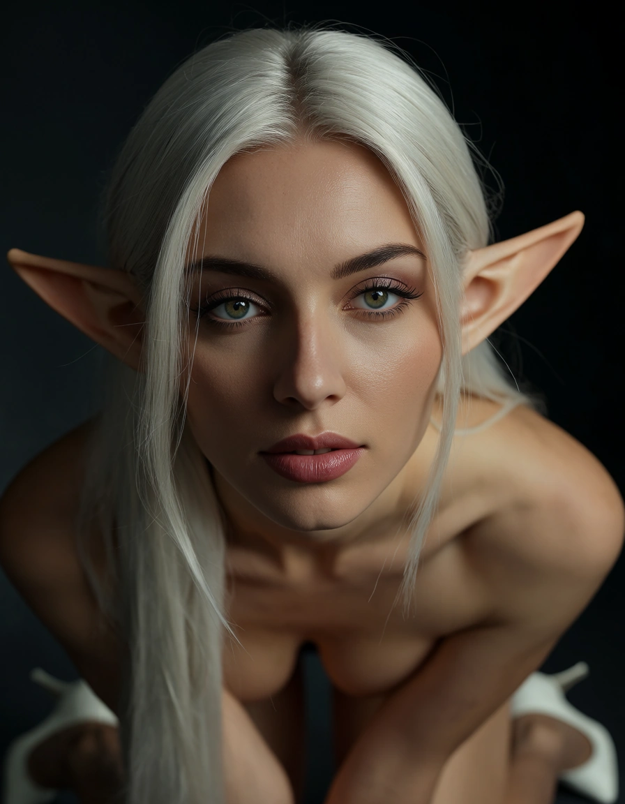 professional photo, high detail, elf woman, facesitting, white footwear, lifelike render, score_9, score_8, candid photo, realistic skin texture, visible skin pores, film grain, depth of field