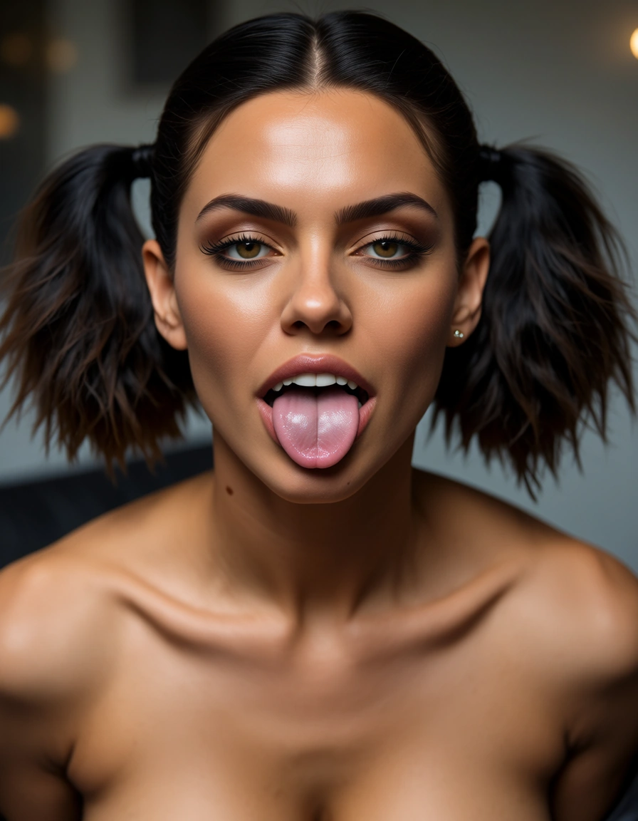 18 year old ebony woman tongue out pigtails braces, score_9, score_8, candid photo, realistic skin texture, visible skin pores, film grain, depth of field
