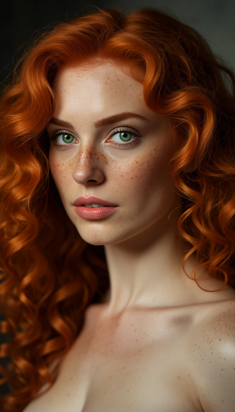 studio quality, sharp focus, curly redhead, green eyes, freckles, cowgirl, lifelike render