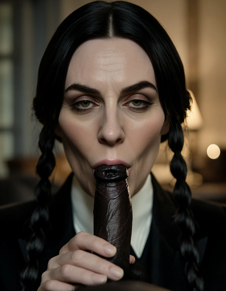 Wednesday Addams sucking off a 10 inch black cock, score_9, score_8, candid photo, realistic skin texture, visible skin pores, film grain, depth of field