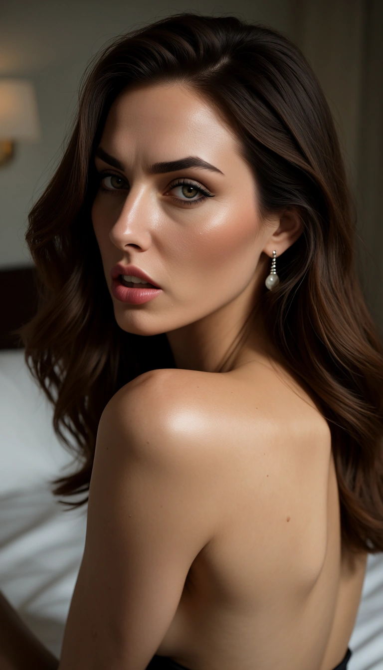 ultra HD, lifelike, over the shoulder, office lady, topless, lips, bed, intense passion, film photography