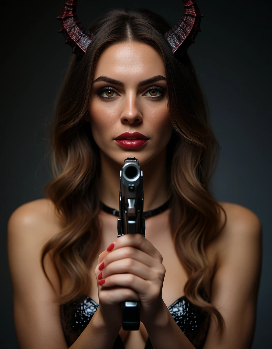 ultra HD, lifelike, demon woman, weapon, presenting, studio photo, score_9, score_8, candid photo, realistic skin texture, visible skin pores, film grain, depth of field