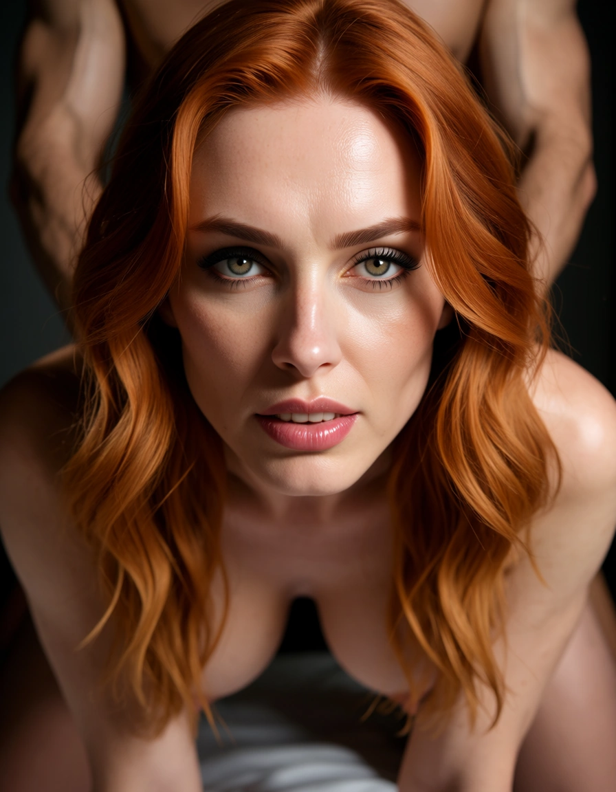 best quality, hyperrealistic, redhead woman, doggystyle sex, score_9, score_8, candid photo, realistic skin texture, visible skin pores, film grain, depth of field