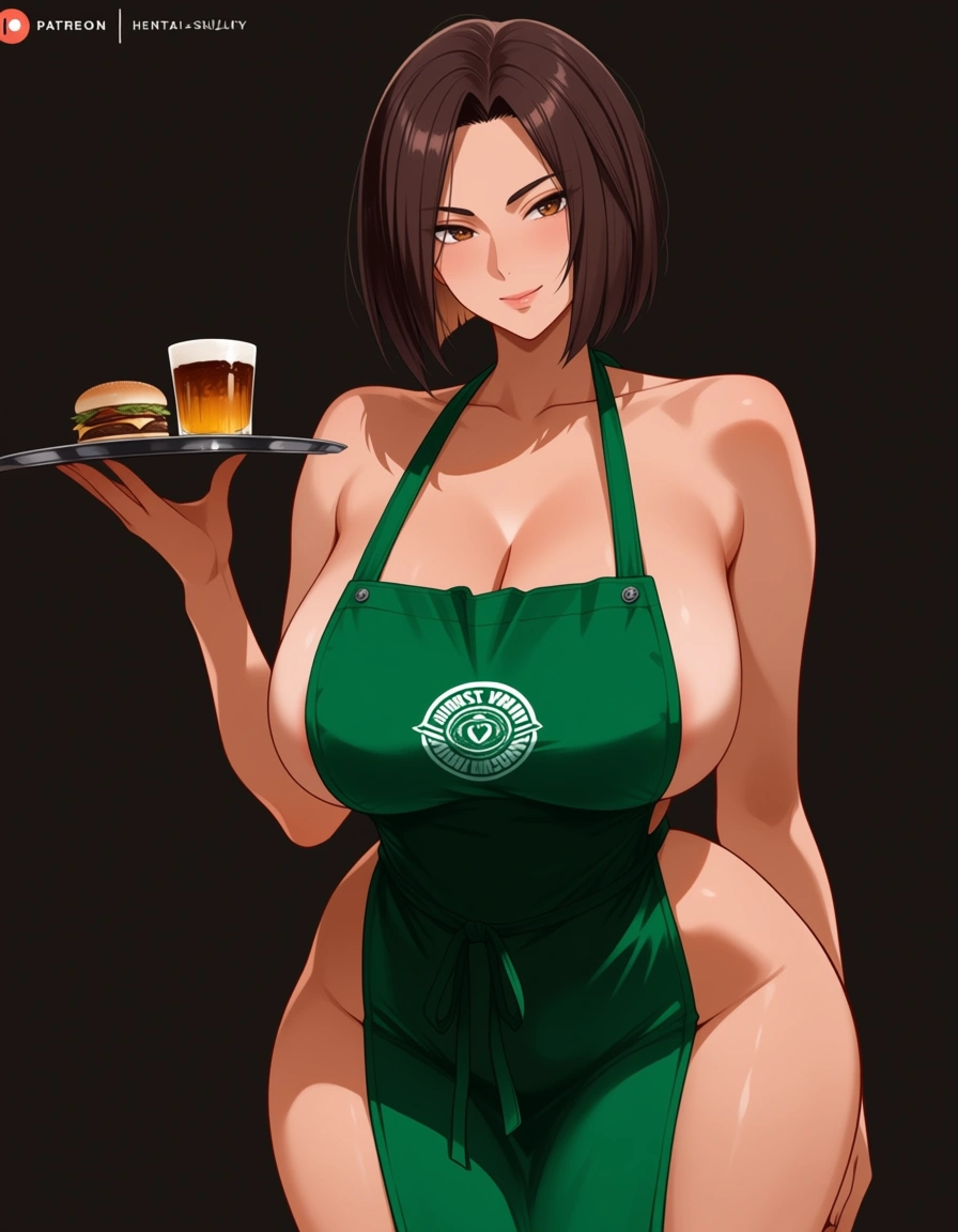 large breasts, barista, nude, apron, revealing_clothes, low cut, wide hips, front fancing, brunette, 1girl, hentai_studio_quality, hentai_studio_quality