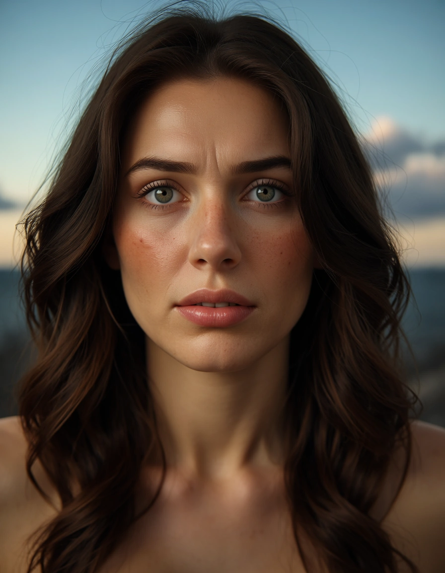 best quality, hyperrealistic, milf, facesitting, bare shoulders, sky, nervous blush, studio photo, score_9, score_8, candid photo, realistic skin texture, visible skin pores, film grain, depth of field