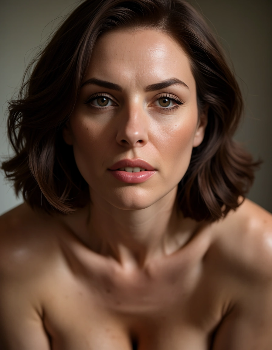 short brunette mature_female , imminent_penetration, score_9, score_8, candid photo, realistic skin texture, visible skin pores, film grain, depth of field