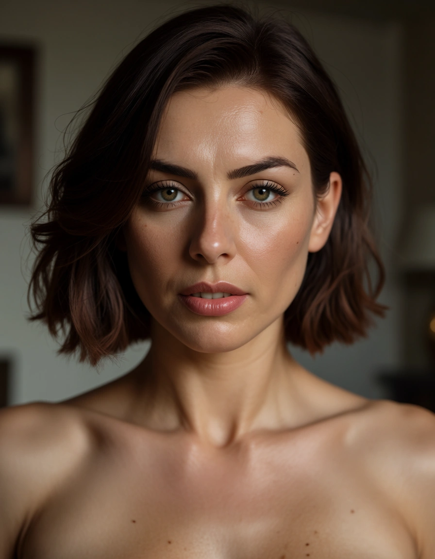 short brunette mature_female , implied_sex, score_9, score_8, candid photo, realistic skin texture, visible skin pores, film grain, depth of field