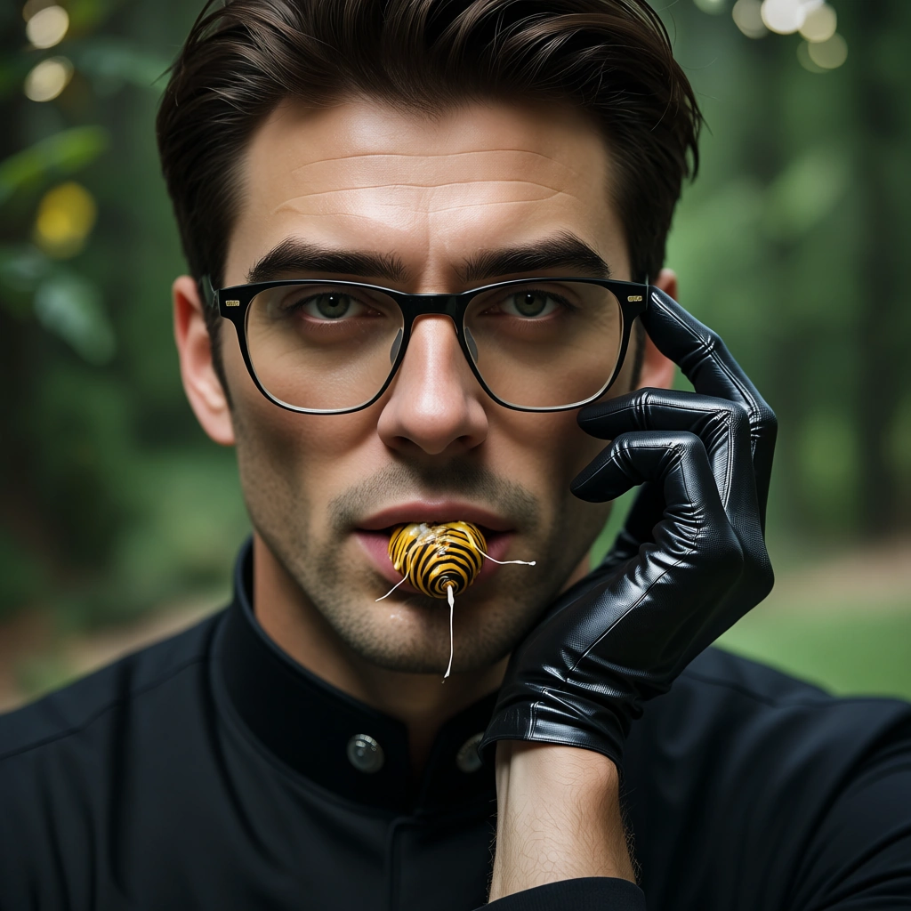 highly detailed, natural lighting, 1boy, glasses, black gloves, creampie, outdoors, cowboy shot, studio photo, score_9, score_8, candid photo, realistic skin texture, visible skin pores, film grain, depth of field