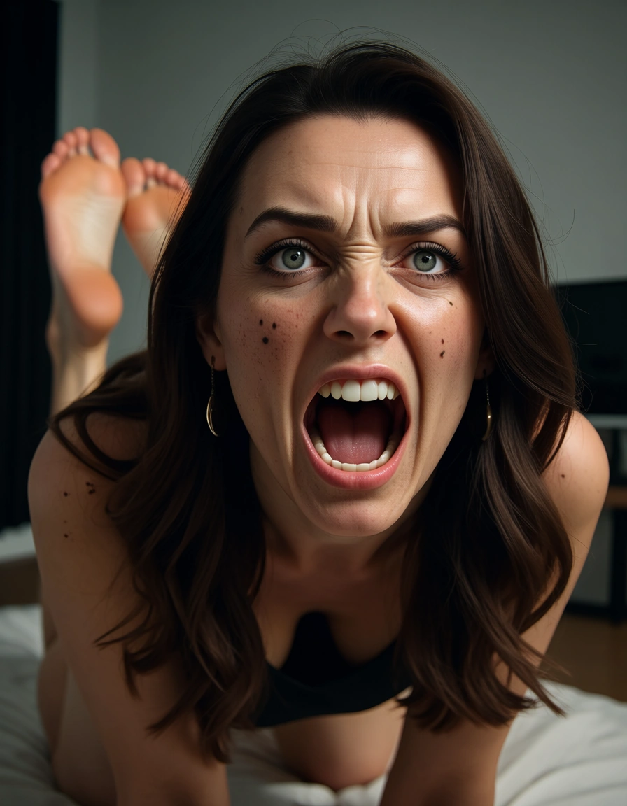 RAW photo, ultra realistic, office lady, feet, heart, doggy style, head_tilt, screaming, three-quarter view, cinematic realism, score_9, score_8, candid photo, realistic skin texture, visible skin pores, film grain, depth of field, score_9, score_8, amateur photo, phone snapshot, realistic skin texture, skin blemishes, soft indoor lighting
