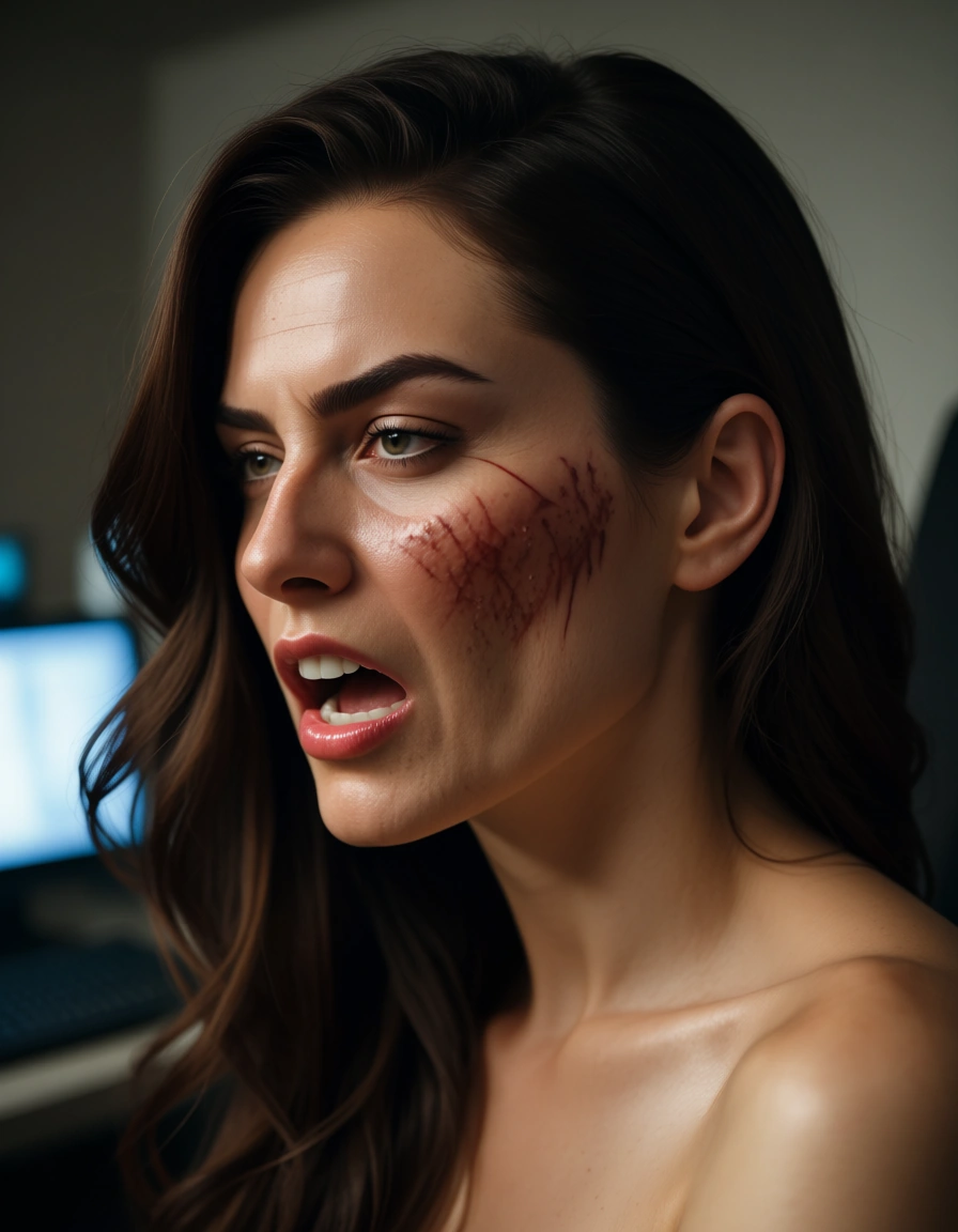 ultra HD, lifelike, wide shot, office lady, creampie, scar, blurry background, intense passion, natural skin texture, score_9, score_8, candid photo, realistic skin texture, visible skin pores, film grain, depth of field