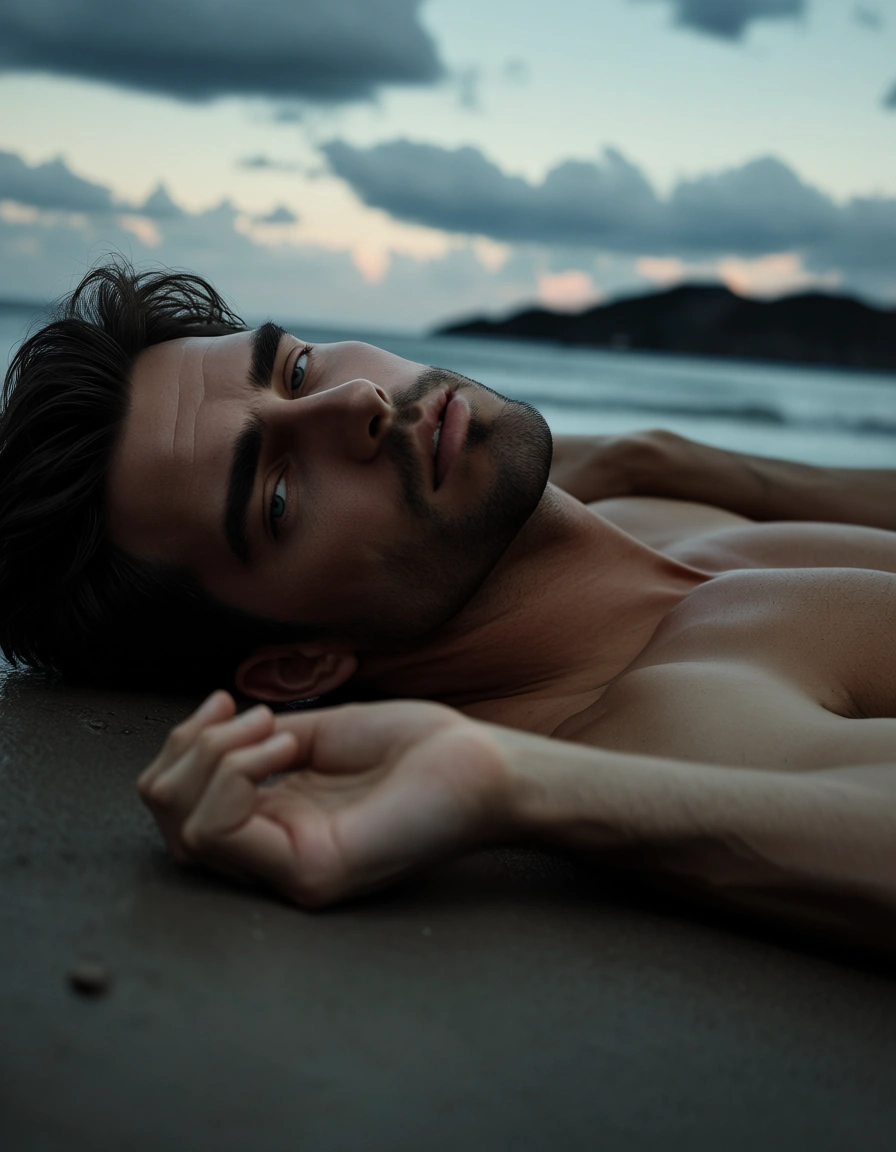 best quality, hyperrealistic, male focus, missionary, hands up, cloudy sky, dslr quality, score_9, score_8, candid photo, realistic skin texture, visible skin pores, film grain, depth of field