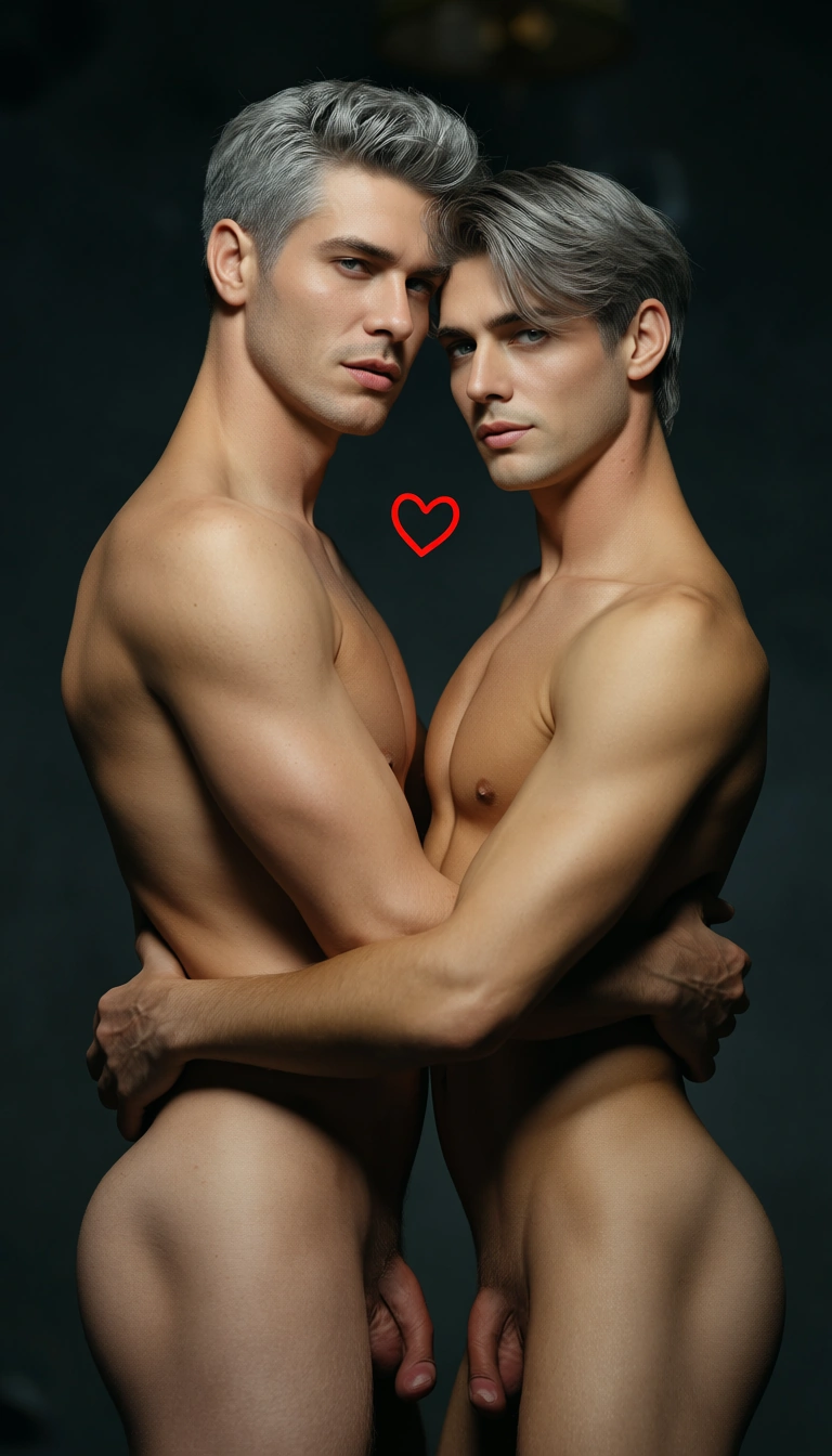 dslr, film grain, photorealistic, 2boys, grey hair, heart, fully nude, rim light, dslr quality