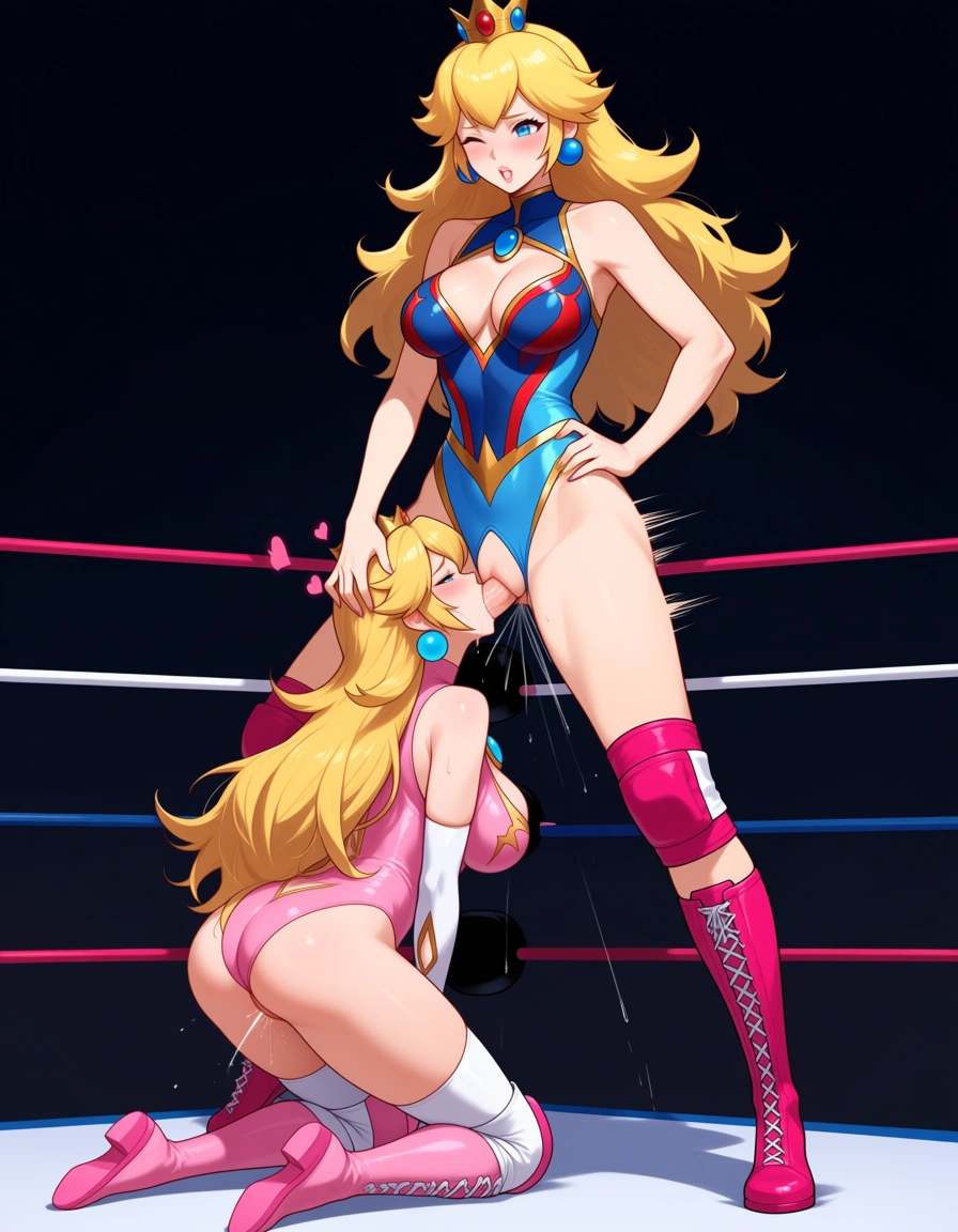 2girls , Best_quality, ultra_detailed, @princess_peach , @lucina_(fire_emblem) , yuri sex ,wrestling_ring wrestling defeated, pussy_juice squirting orgasm , wince , fellatio strap-on , head_grab kneeling,, hentai_studio_quality