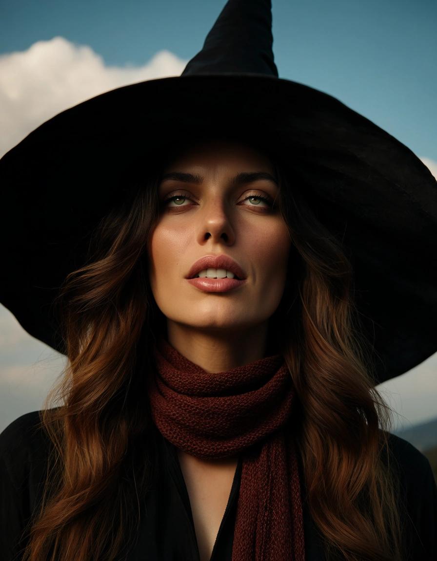 highly detailed, natural lighting, over the shoulder, witch, ahegao, scarf, cloud, relaxed mood, RAW photo, score_9, score_8, candid photo, realistic skin texture, visible skin pores, film grain, depth of field