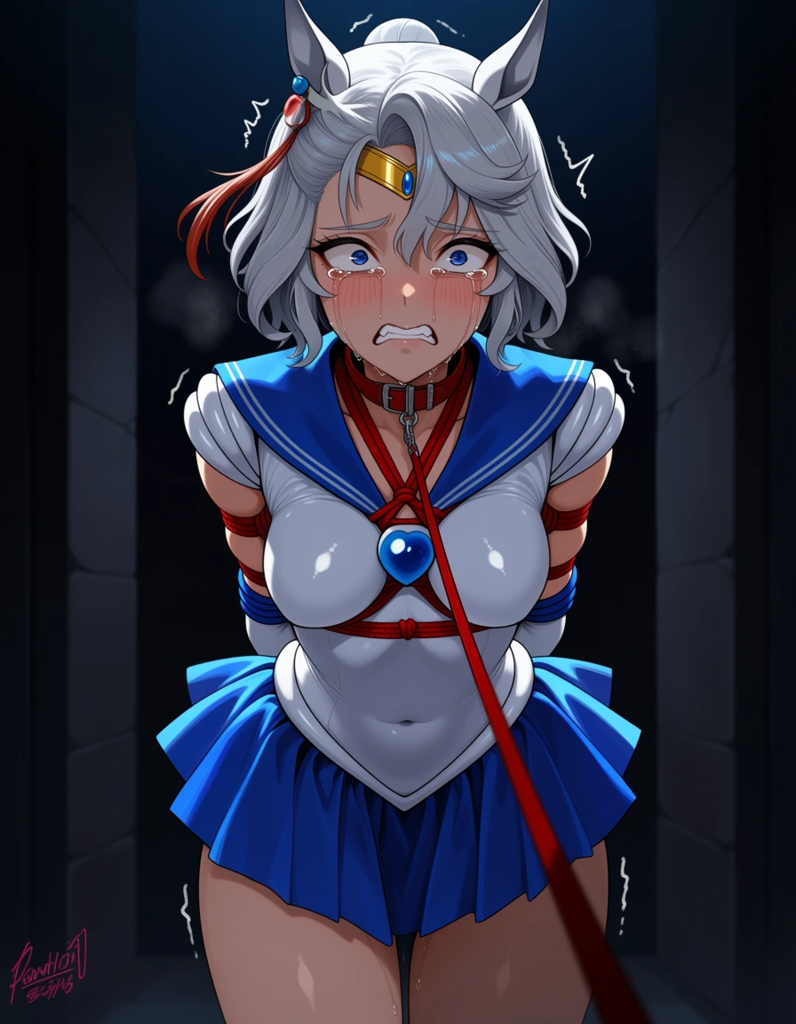 ultra detailed , sailor_pluto , horse cosplay , bondage , leash , crying , scared , bit_gag , chest_harness , hentai_studio_quality, hentai_studio_quality