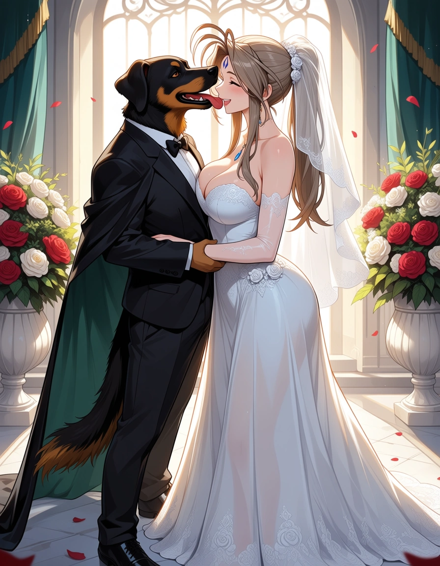 masterpiece , belldandy, wedding_dress , dog , french_kiss , happy , hentai_studio_quality, hentai_studio_quality, hentai_studio_quality