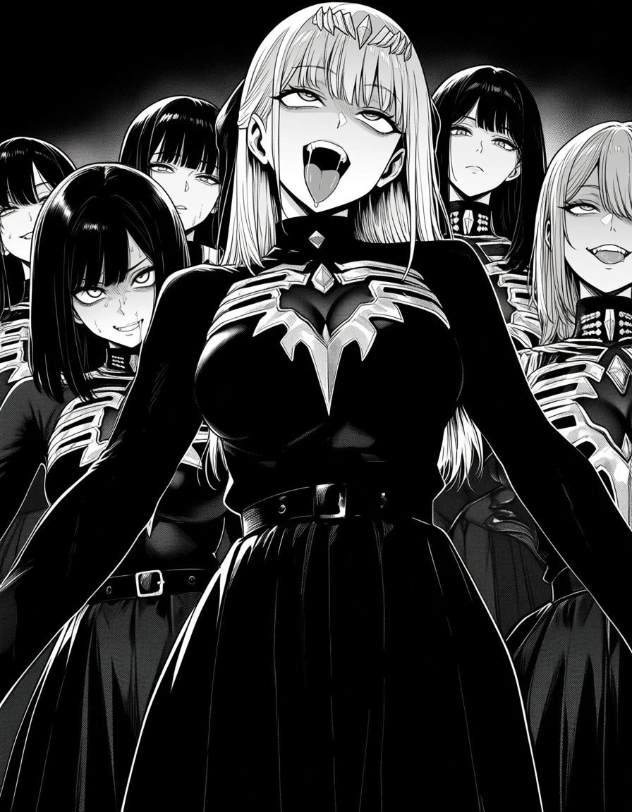 ultra detailed, 6+girls, long sleeves, ahegao, dominant stare, detailed shading, hentai_studio_quality