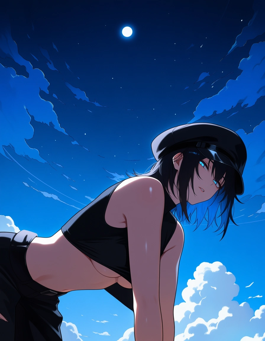 highres, vivid, male focus, underboob, sleeveless, doggy style, cloud, dreamy atmosphere, visual novel art, hentai_studio_quality