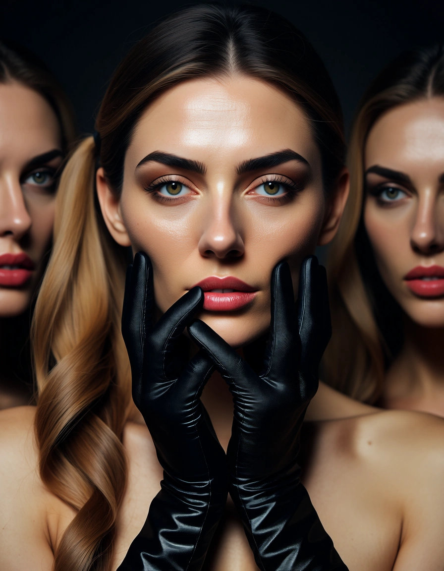 8k, sharp focus, detailed skin, 3girls, side ponytail, gloves, facesitting, hyperrealistic, score_9, score_8, candid photo, realistic skin texture, visible skin pores, film grain, depth of field