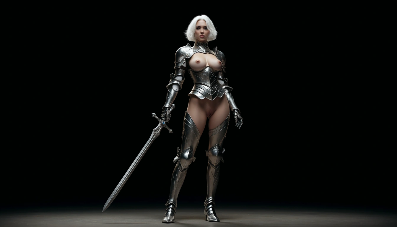 studio quality, sharp focus, full body, solo , solo_focus , black_background , white_hair , short_hair , standing , legs_apart , breasts_out , breasts , armor , pussy , holding_sword , looking_at_viewer , solo_focus ,light_smile , lips, photorealistic, score_9, score_8, candid photo, realistic skin texture,, score_9, score_8, cinematic film still, anamorphic, film grain, dramatic lighting, shallow depth of field