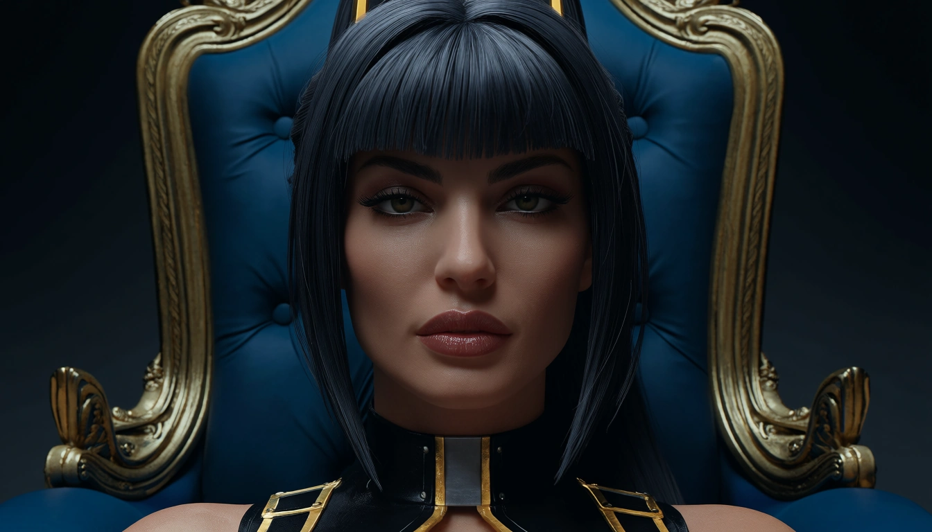 studio quality, sharp focus , from_below , sitting on a throne @Shadowheart , legs_apart , lips , looking_at_viewer , photorealistic, score_9, score_8, candid photo, realistic skin texture, score_9, score_8, 3d render, octane render, subsurface scattering, ray tracing, smooth shading