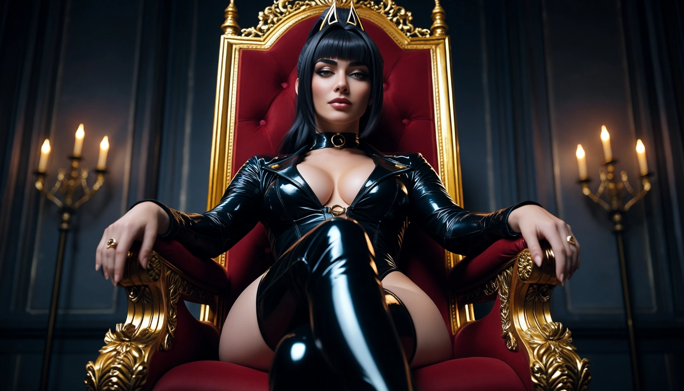 studio quality, sharp focus , from_below , sitting on a throne @Shadowheart , legs_apart , sexy latex outfit thigh_boots , lips , looking_at_viewer , photorealistic, score_9, score_8, candid photo, realistic skin texture, score_9, score_8, cinematic film still, anamorphic, film grain, dramatic lighting, shallow depth of field