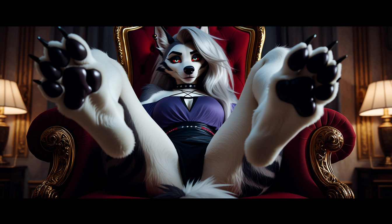 studio quality, sharp focus , from_below foot_focus , sitting on a throne @loona_(helluva_boss) furry_female body_fur , spread_legs , paws , looking_at_viewer , photorealistic, score_9, score_8, candid photo, score_9, score_8, cinematic film still, anamorphic, film grain, dramatic lighting, shallow depth of field
