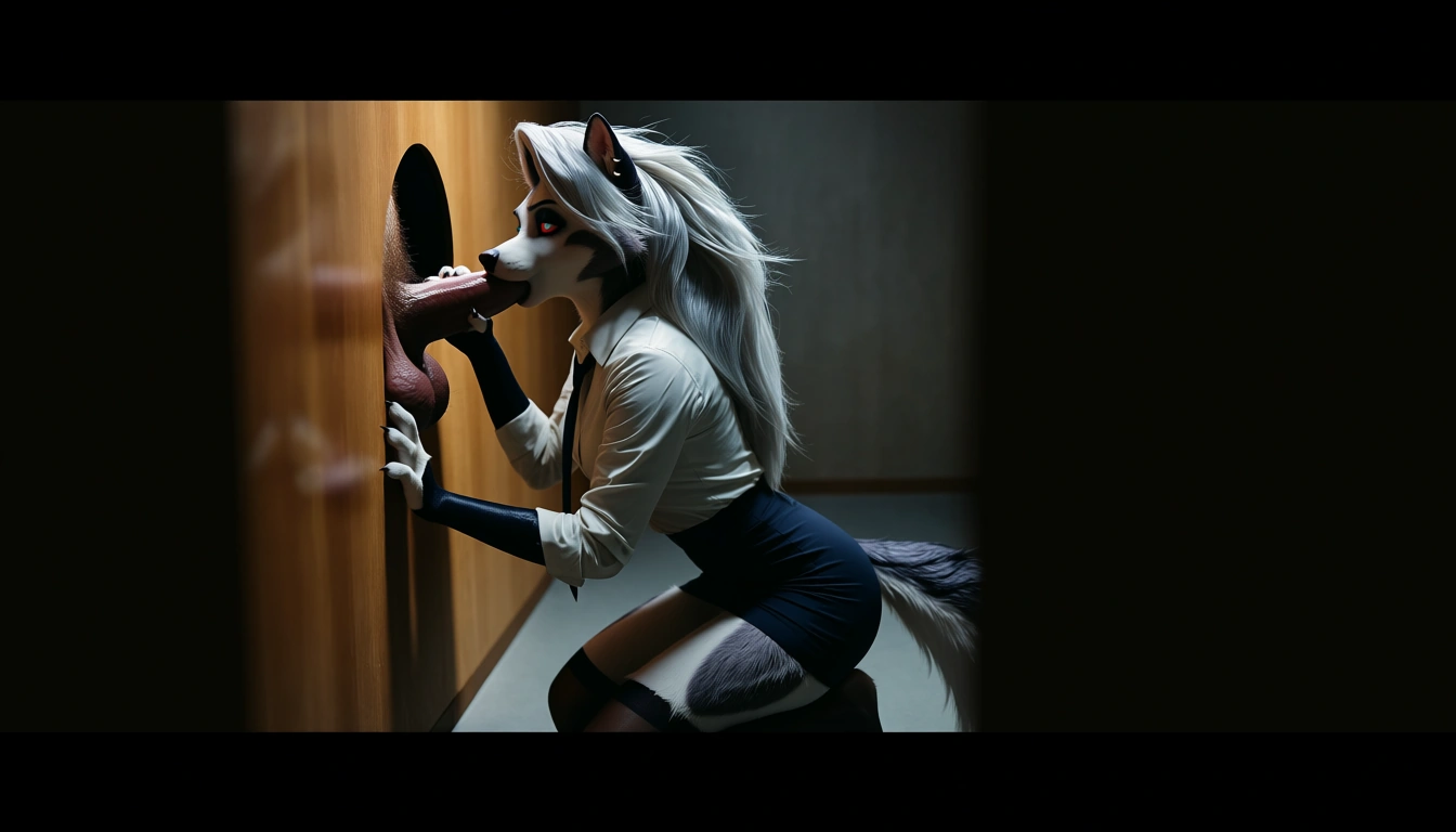 studio quality, sharp focus , from_below full_body gloryhole , @loona_(helluva_boss) furry_female body_fur Office_outfit skirt_lift paws kneeling infront of a hole in the wall and giving a blowjob to a large_penis that stikcs out of the hole, photorealistic, score_9, score_8, candid photo, realistic skin texture, score_9, score_8, cinematic film still, anamorphic, film grain, dramatic lighting, shallow depth of field