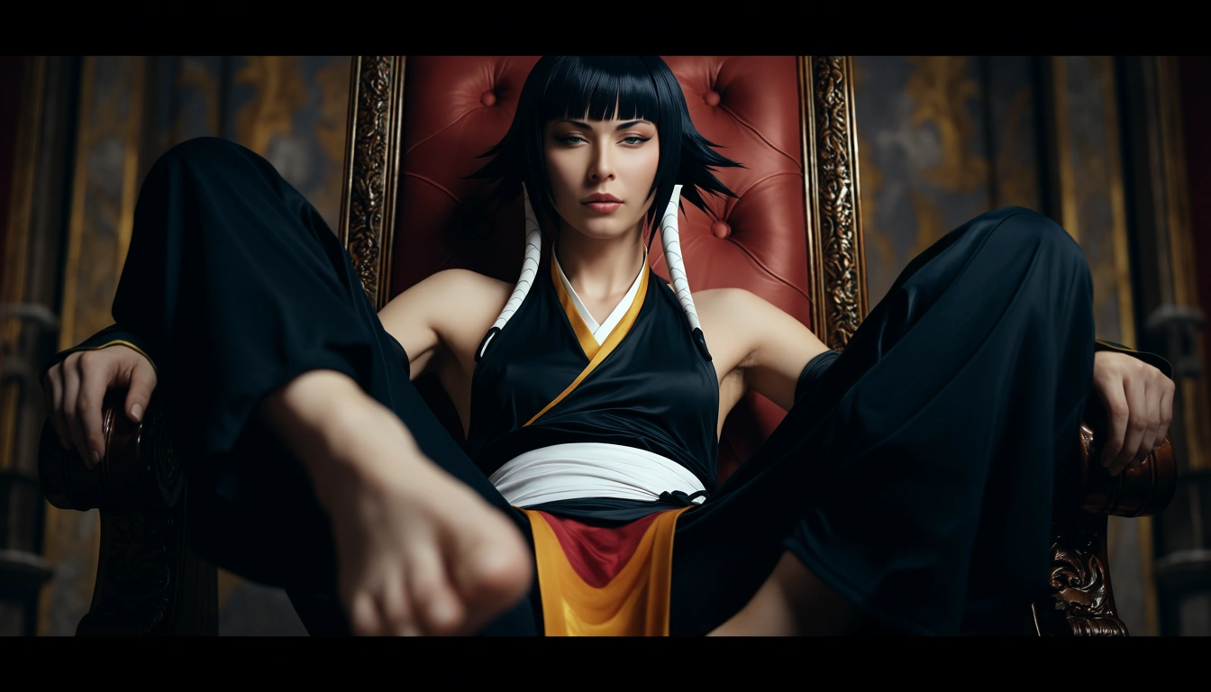 studio quality, sharp focus , from_below foot_focus , sitting on a throne @Sui-Feng_(Bleach) , clothed_female , spread_legs , lips , looking_at_viewer , photorealistic, score_9, score_8, candid photo, realistic skin texture, score_9, score_8, cinematic film still, anamorphic, film grain, dramatic lighting, shallow depth of field