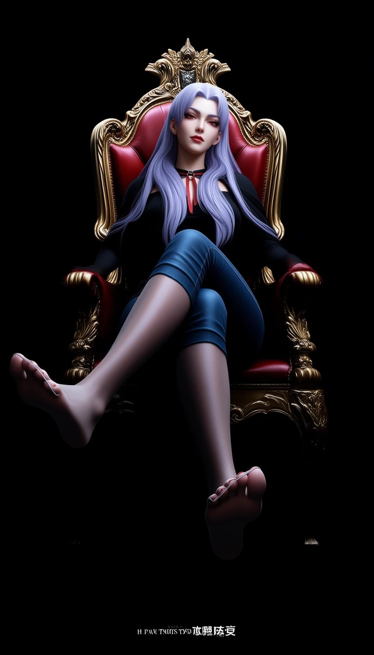 Studio quality, sharp focus , from_below foot_focus , sitting on a Throne @Mavis_Dracula black_tank_top tight_jeans , crossed_legs kneehighs soles , looking_at_viewer , photorealistic, score_9, score_8, candid photo , realistic skin texture, hentai_studio_quality