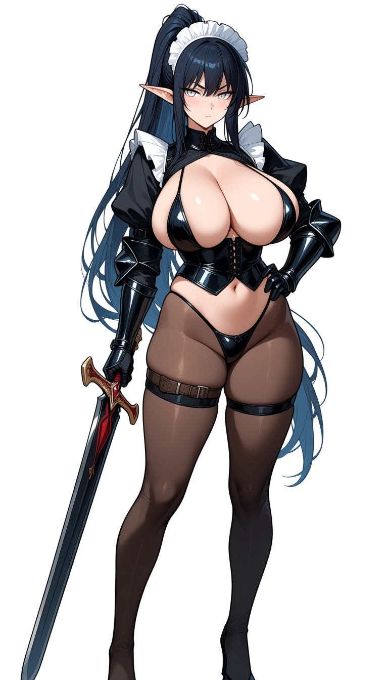 Measurements	Height: 167cm, Bust-Waist-Hips: 90-59-87cm
Hair	Long, Ponytail, Straight, V Bangs, White
Eyes	Garnet, Tsurime
Body	Dark, Huge Breasts, Pointed Ears, Toned, Young-adult
Clothes	Armored Bra, Bracer, Bridal Gauntlet, Cape, Choker, Cupless Corset, Greave, Maid's Dress, Maid's Headdress, Plate Armor, Sabaton, Slingshot Micro Bikini, Spaulders, Thigh-high Stockings, Utility Belt
Items	Sword
Personality	Brave, Cautious, Charismatic, Confident, Honest, Honorable, Ignorant, Loyal, Masculine Speech, Misandrist, Rebellious, Serious, Stubborn, Tomboy, Watashi
Paizuri with male lead