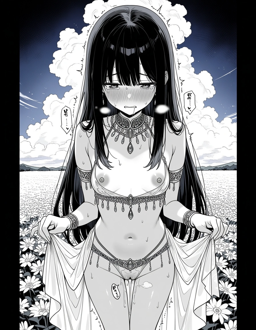 shy girl, manga style (black and white), long hair, tear on her eyes, blushing cheek, very sexy transparent lingerie with jewelry (arabian style), nipple and vagina exposed, she is taking out her underwear very shy and trembling, she is standing outside on a flower field, hentai_studio_quality