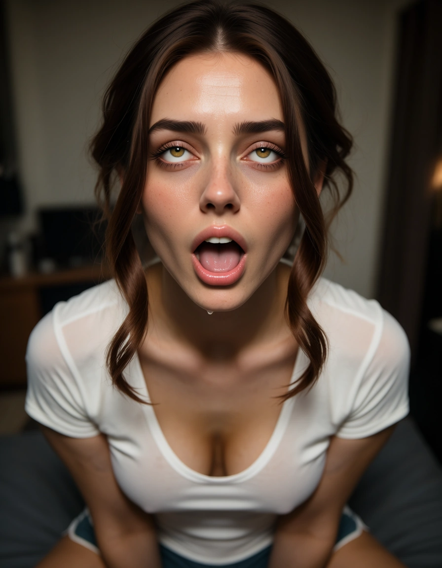 sharp focus, 8k uhd, milf, sidelocks, short sleeves, ahegao, RAW photo, score_9, score_8, candid photo, realistic skin texture, visible skin pores, film grain, depth of field
