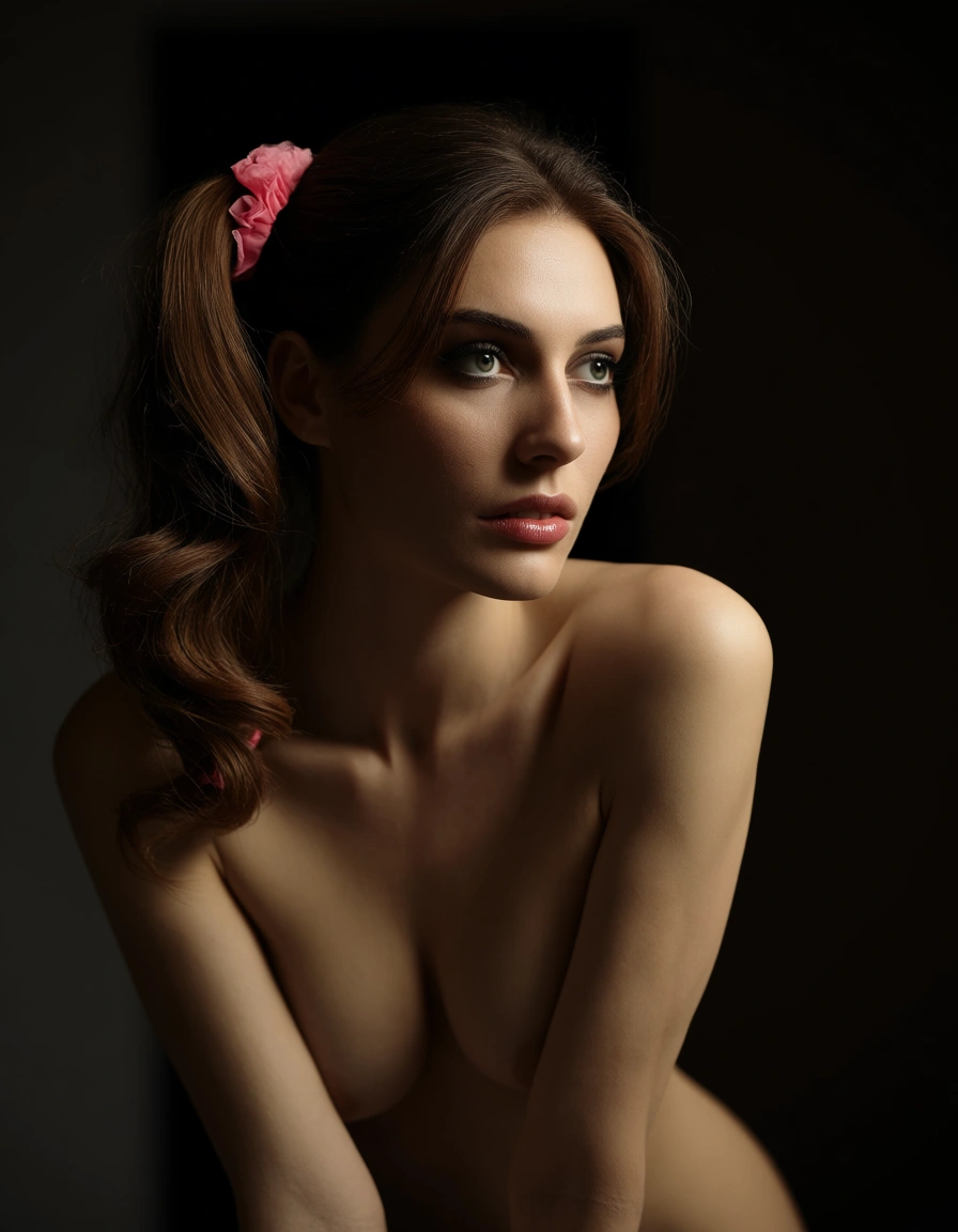 cinematic photo, 8k, 1girl, side ponytail, frills, fully nude, dramatic lighting, photorealistic, score_9, score_8, candid photo, realistic skin texture, visible skin pores, film grain, depth of field